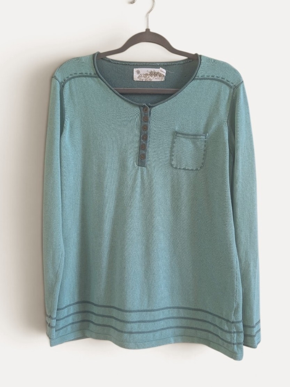 Aventura Organic Cotton Henley Sweater Teal Blue Green Striped Trim Size XL